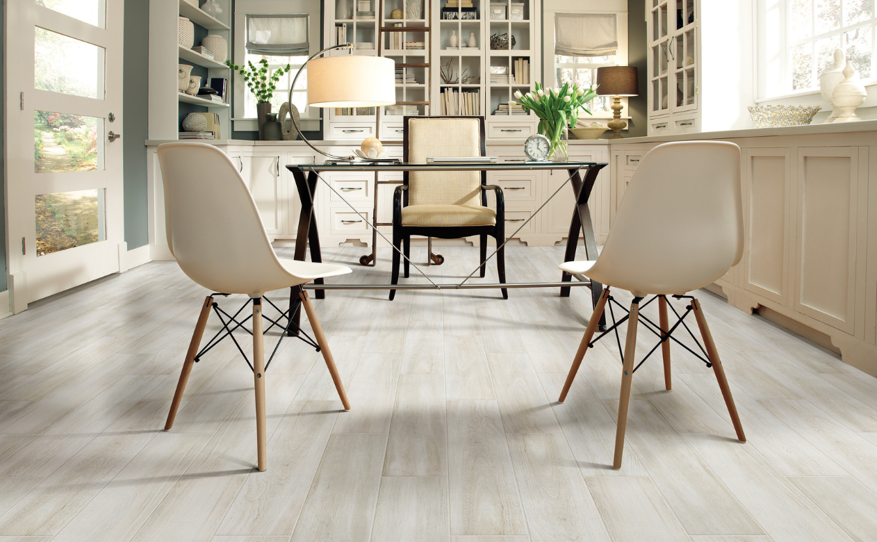 beige neutral toned tile flooring in home office